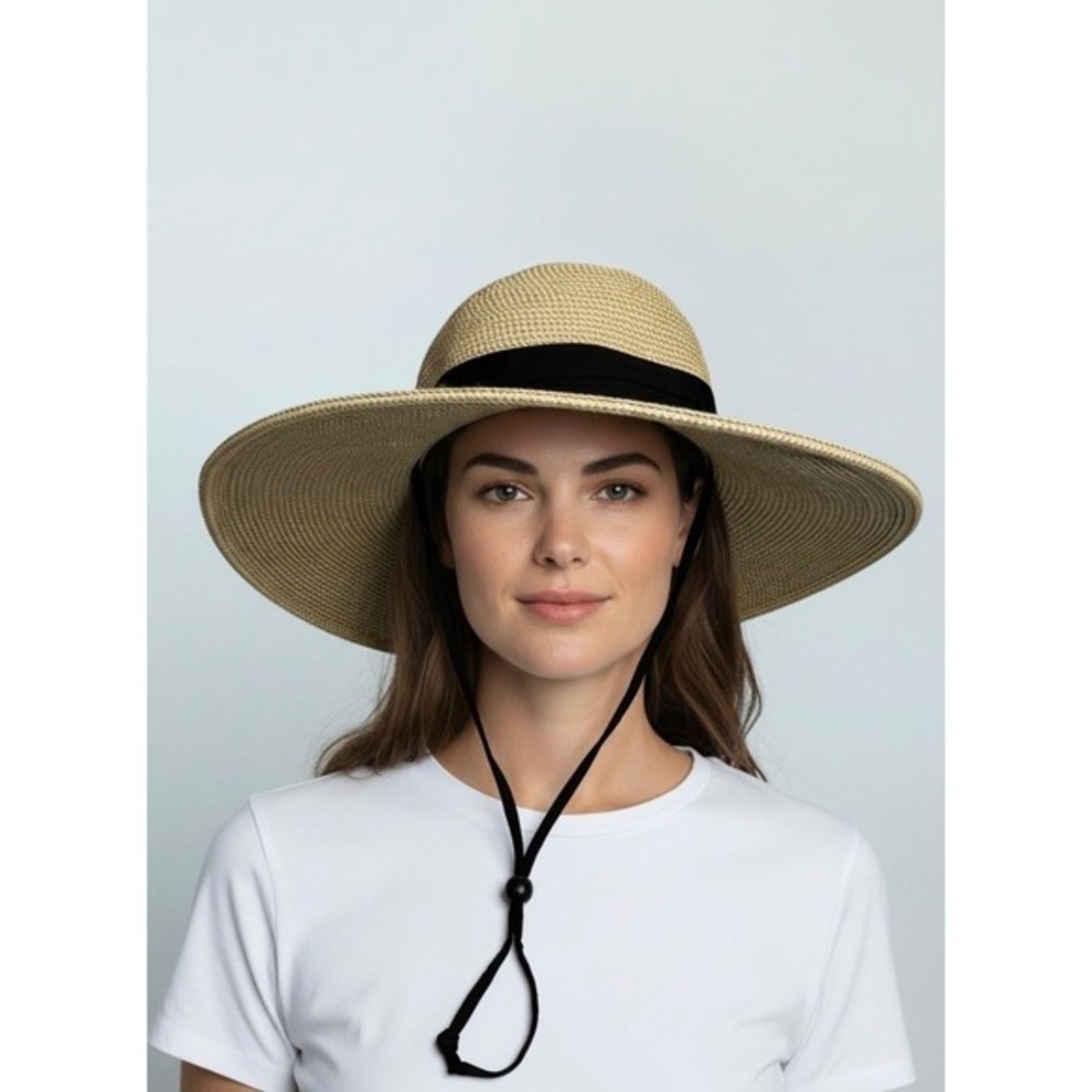 Solar Escape Womens Wide Brim UV Protection Sun Hat Tan Black Ribbon Adjustable